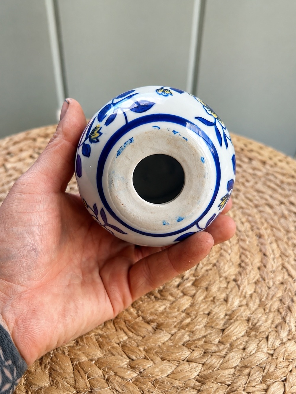 Blue White Yellow Floral Porcelain Vessel Chinoiserie Ceramic Decor 4 Inch - Picture 3 of 4
